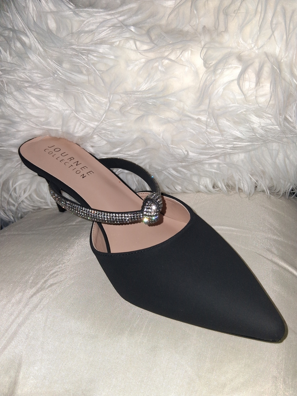 Journee Collection Black Pointed Slingback Mule with Rhinestone Strap